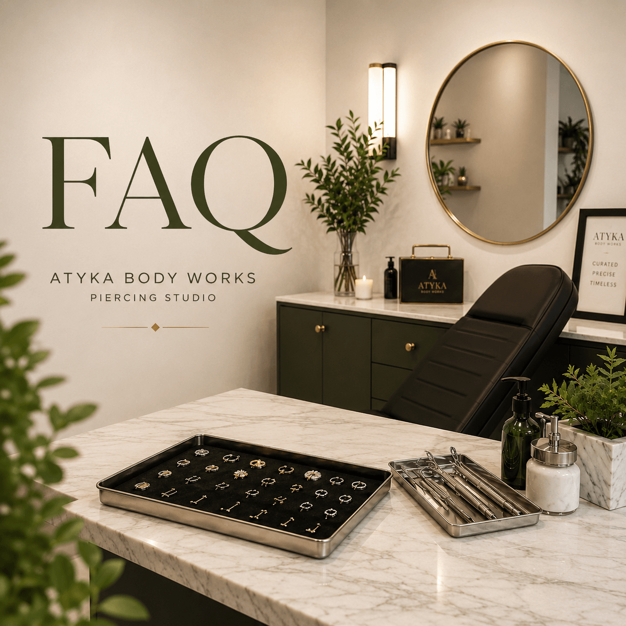 FAQ piercing chez Atyka Body Works à Toulouse Espace FAQ du salon Atyka Body Works avec fauteuil, bijoux et matériel de piercing à Toulouse